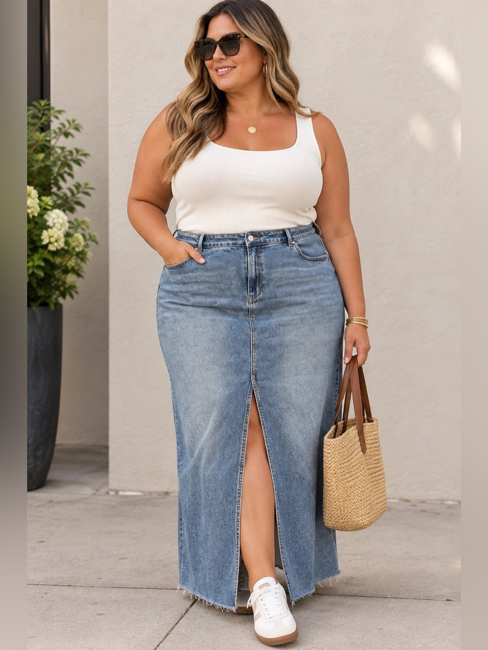 Reitmans Light Wash Denim Maxi Skirt with Front Slit
